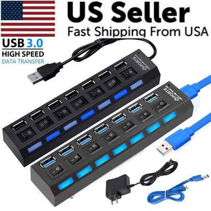 7 Port USB 2.0 / 3.0 Hub Splitter Adapter High Speed For PC Laptop Mac Desktop