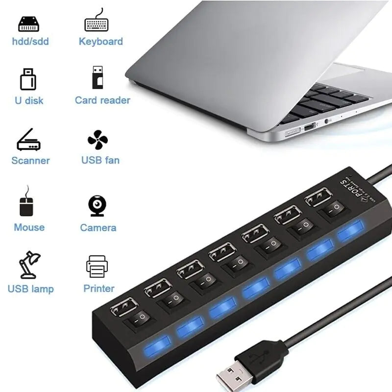 7 Port USB 2.0 / 3.0 Hub Splitter Adapter High Speed For PC Laptop Mac Desktop