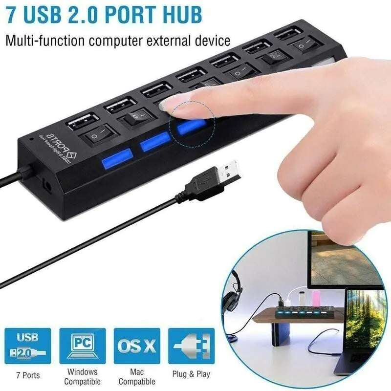 7 Port USB 2.0 / 3.0 Hub Splitter Adapter High Speed For PC Laptop Mac Desktop